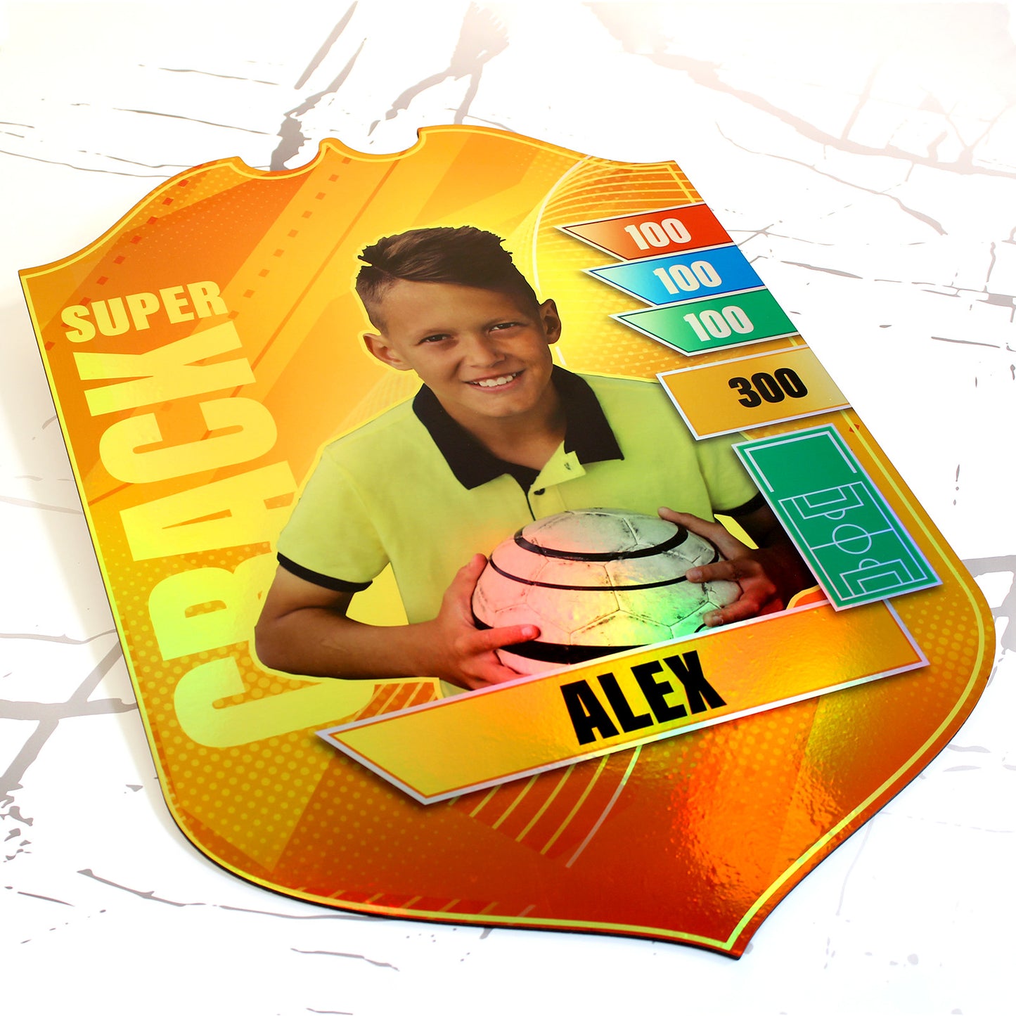 Cromo gigante personalizado fútbol niño color holográfico