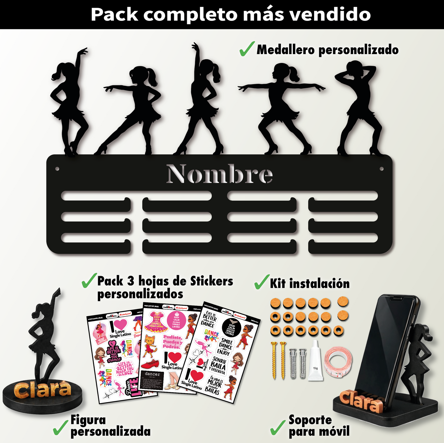 Medallero personalizado Baile Single Latino para colgar medallas, Pack Gold
