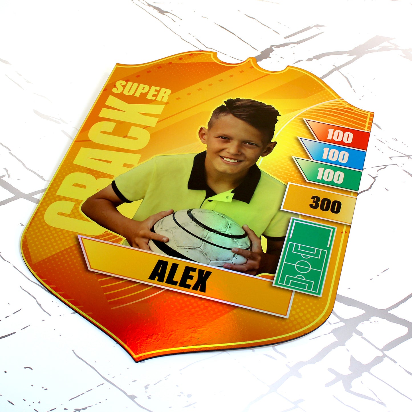 Cromo gigante personalizado fútbol niño color holográfico