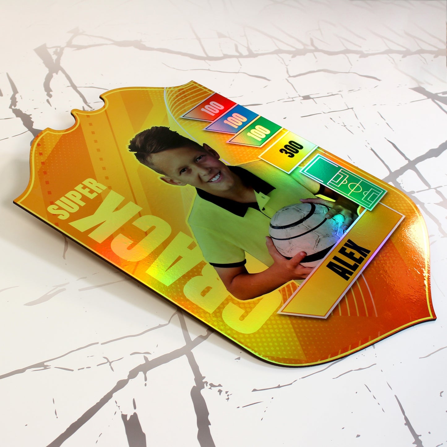 Cromo gigante personalizado fútbol niño color holográfico