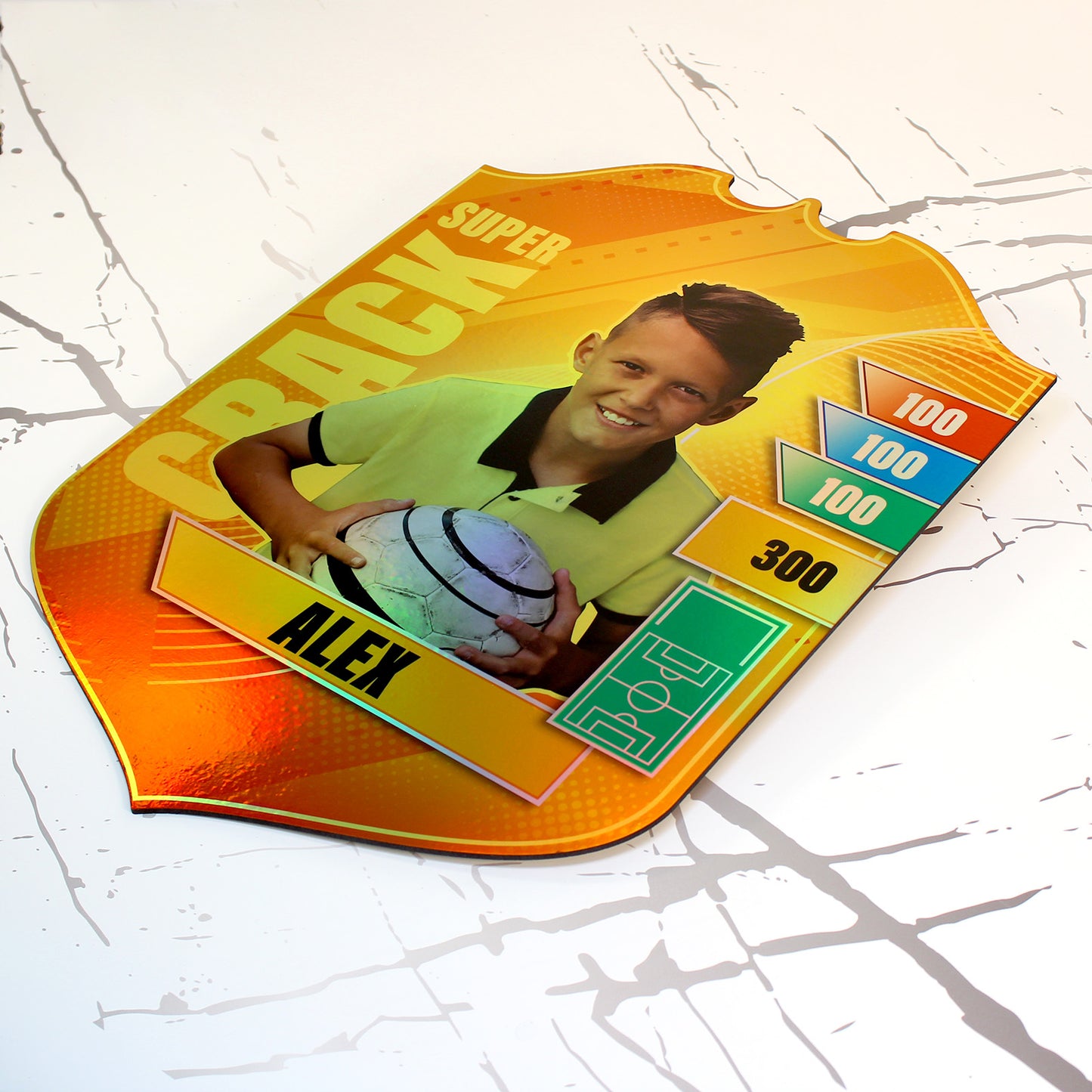 Cromo gigante personalizado fútbol niño color holográfico