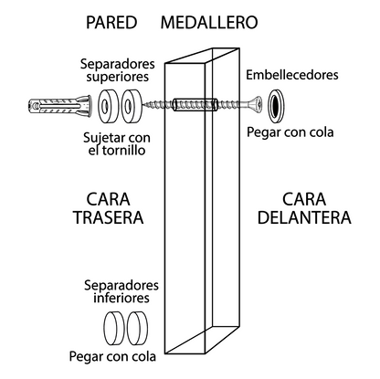 Kit instalación tornillos, tacos, separadores, pegamento, embellecedor y cinta métrica