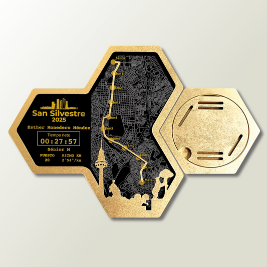 Medallero Hexagonal Marathón Personalizado con Nombre, dorsal, tiempos, etc.