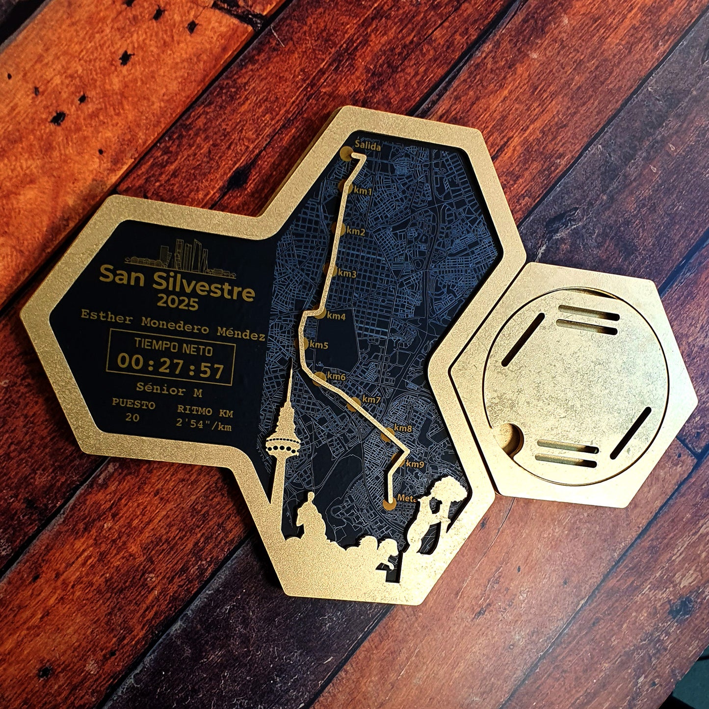 Medallero Hexagonal Marathón Personalizado con Nombre, dorsal, tiempos, etc.