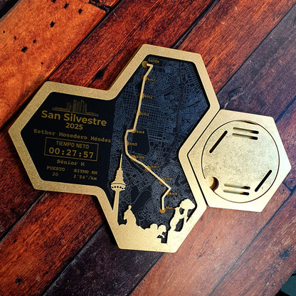 Medallero Hexagonal Marathón Personalizado con Nombre, dorsal, tiempos, etc.