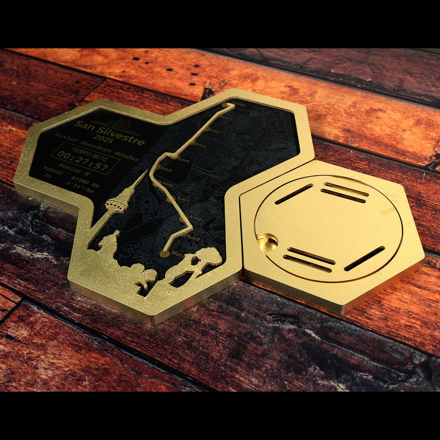 Medallero Hexagonal Marathón Personalizado con Nombre, dorsal, tiempos, etc.