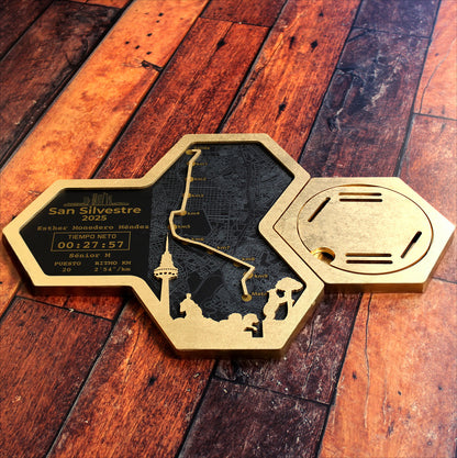 Medallero Hexagonal Marathón Personalizado con Nombre, dorsal, tiempos, etc.