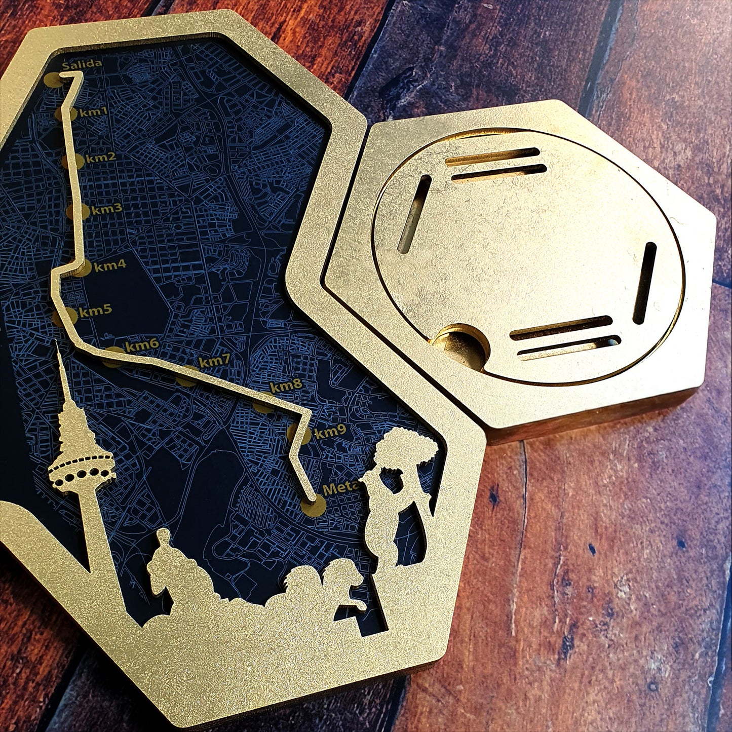 Medallero Hexagonal Marathón Personalizado con Nombre, dorsal, tiempos, etc.