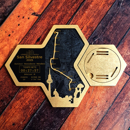 Medallero Hexagonal Marathón Personalizado con Nombre, dorsal, tiempos, etc.