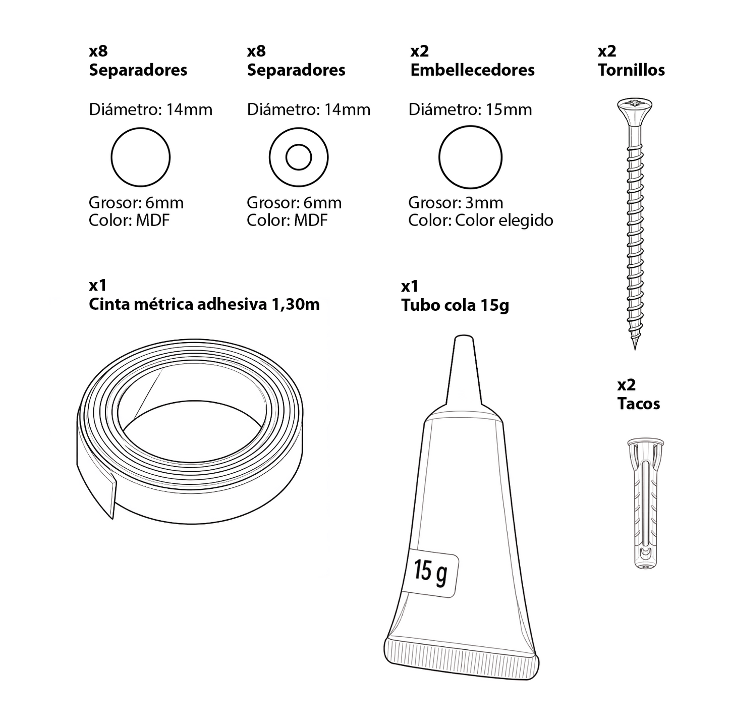 Kit instalación tornillos, tacos, separadores, pegamento, embellecedor y cinta métrica