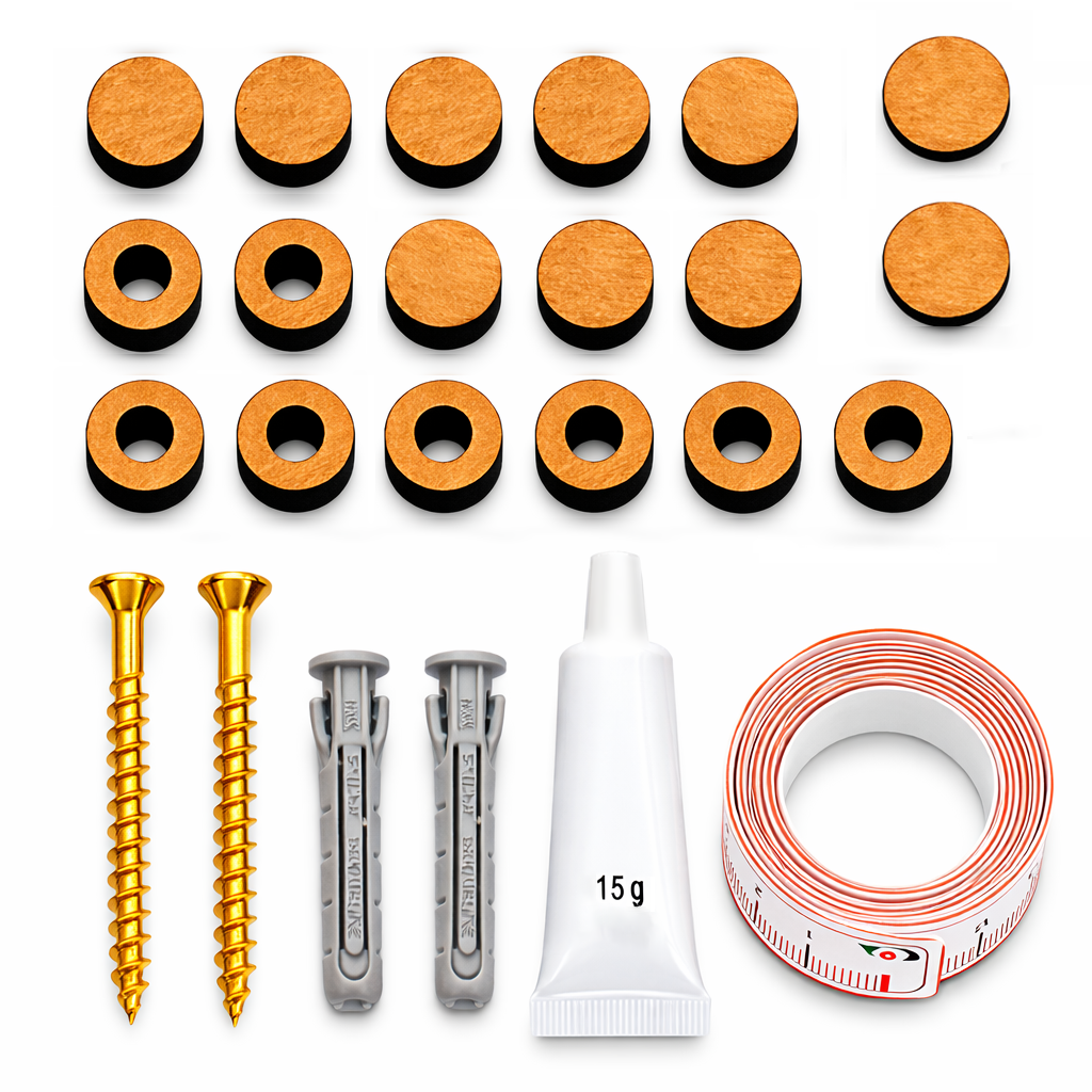 Kit instalación tornillos, tacos, separadores, pegamento, embellecedor y cinta métrica - vista principal