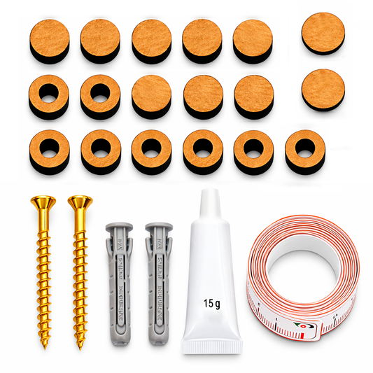 Kit instalación tornillos, tacos, separadores, pegamento, embellecedor y cinta métrica - vista principal