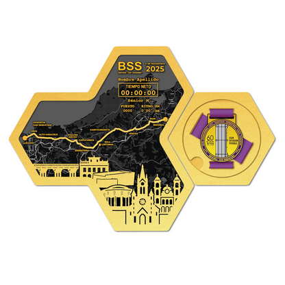Medallero Hexagonal para exhibir tu medalla de la Media Maratón Behobia San Sebastián Donosti Personalizado con Nombre, dorsal, tiempos, etc.