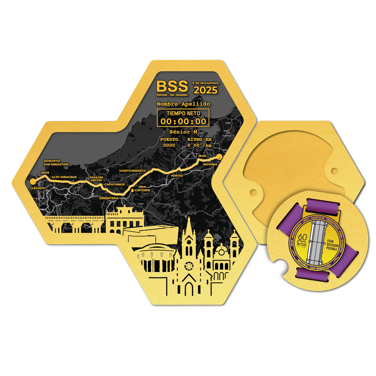 Medallero Hexagonal para exhibir tu medalla de la Media Maratón Behobia San Sebastián Donosti Personalizado con Nombre, dorsal, tiempos, etc.