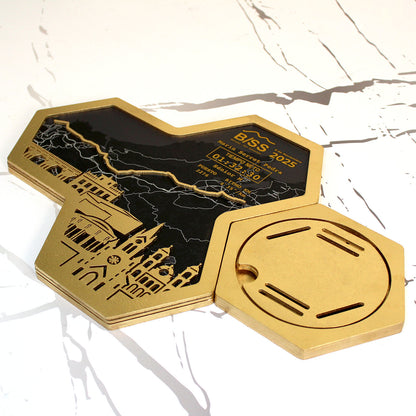Medallero Hexagonal para exhibir tu medalla de la Media Maratón Behobia San Sebastián Donosti Personalizado con Nombre, dorsal, tiempos, etc.