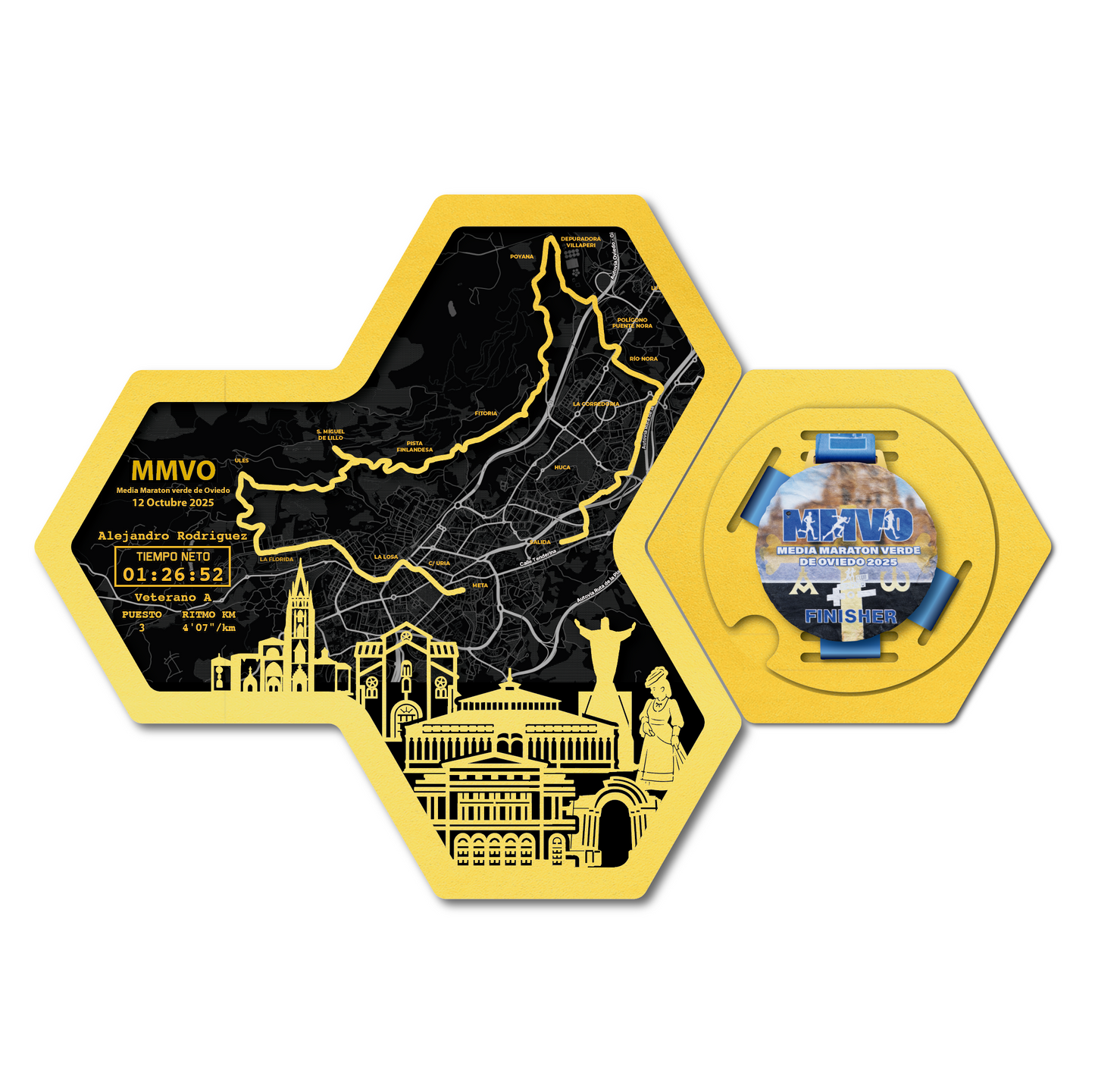 Medallero Hexagonal para exhibir tu medalla de la Media Maratón de Oviedo Personalizado con Nombre, dorsal, tiempos, etc.