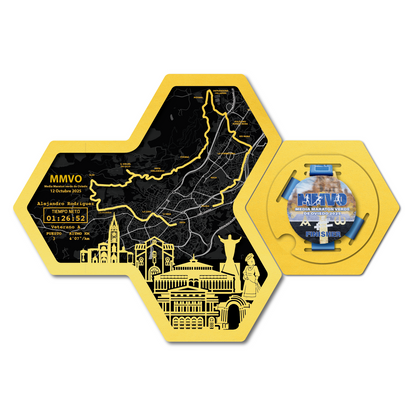 Medallero Hexagonal para exhibir tu medalla de la Media Maratón de Oviedo Personalizado con Nombre, dorsal, tiempos, etc.
