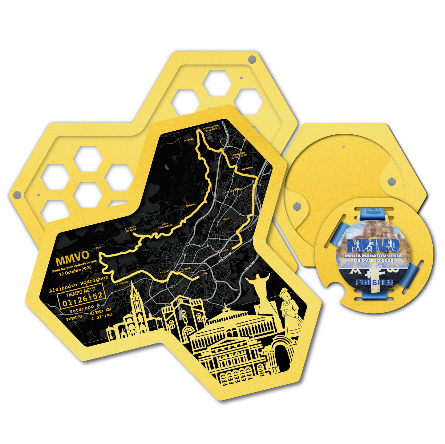 Medallero Hexagonal para exhibir tu medalla de la Media Maratón de Oviedo Personalizado con Nombre, dorsal, tiempos, etc.