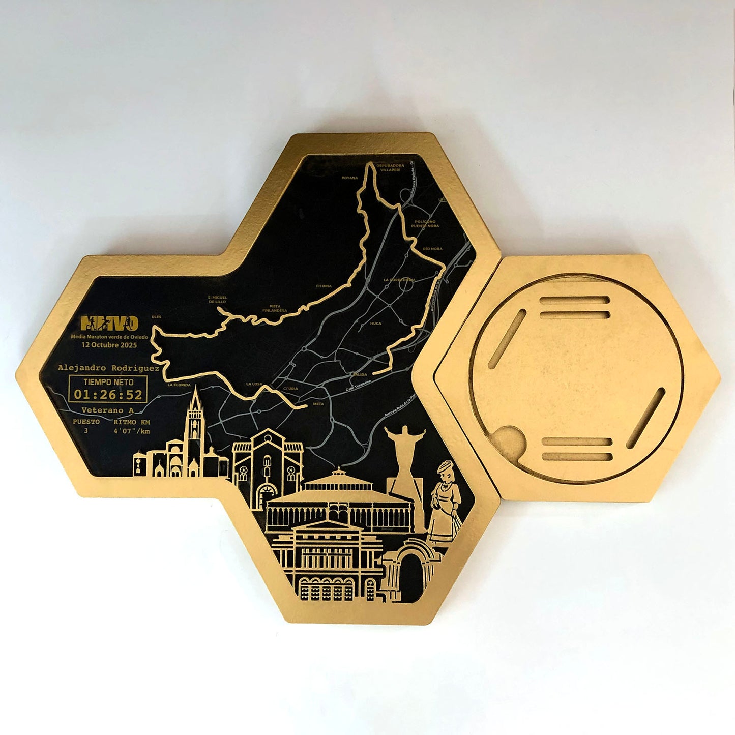 Medallero Hexagonal para exhibir tu medalla de la Media Maratón de Oviedo Personalizado con Nombre, dorsal, tiempos, etc.