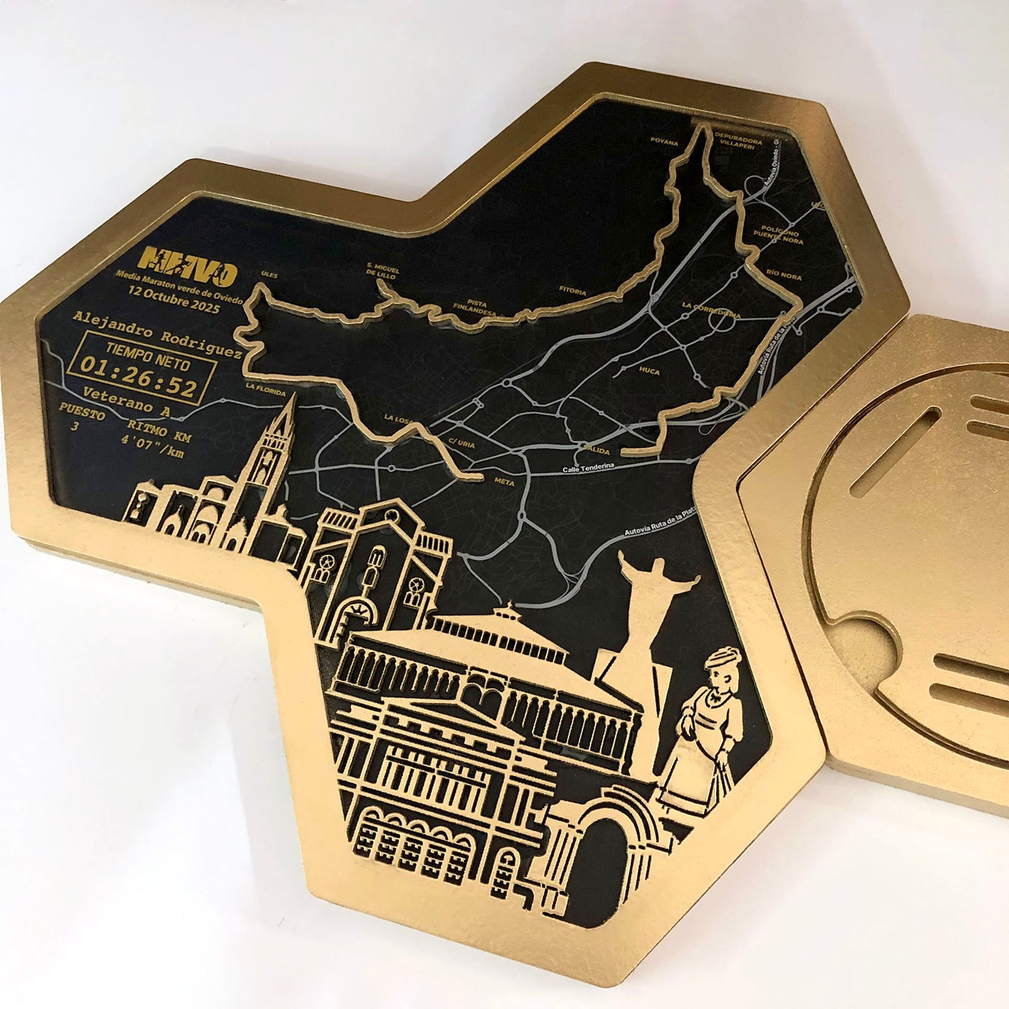 Medallero Hexagonal para exhibir tu medalla de la Media Maratón de Oviedo Personalizado con Nombre, dorsal, tiempos, etc.