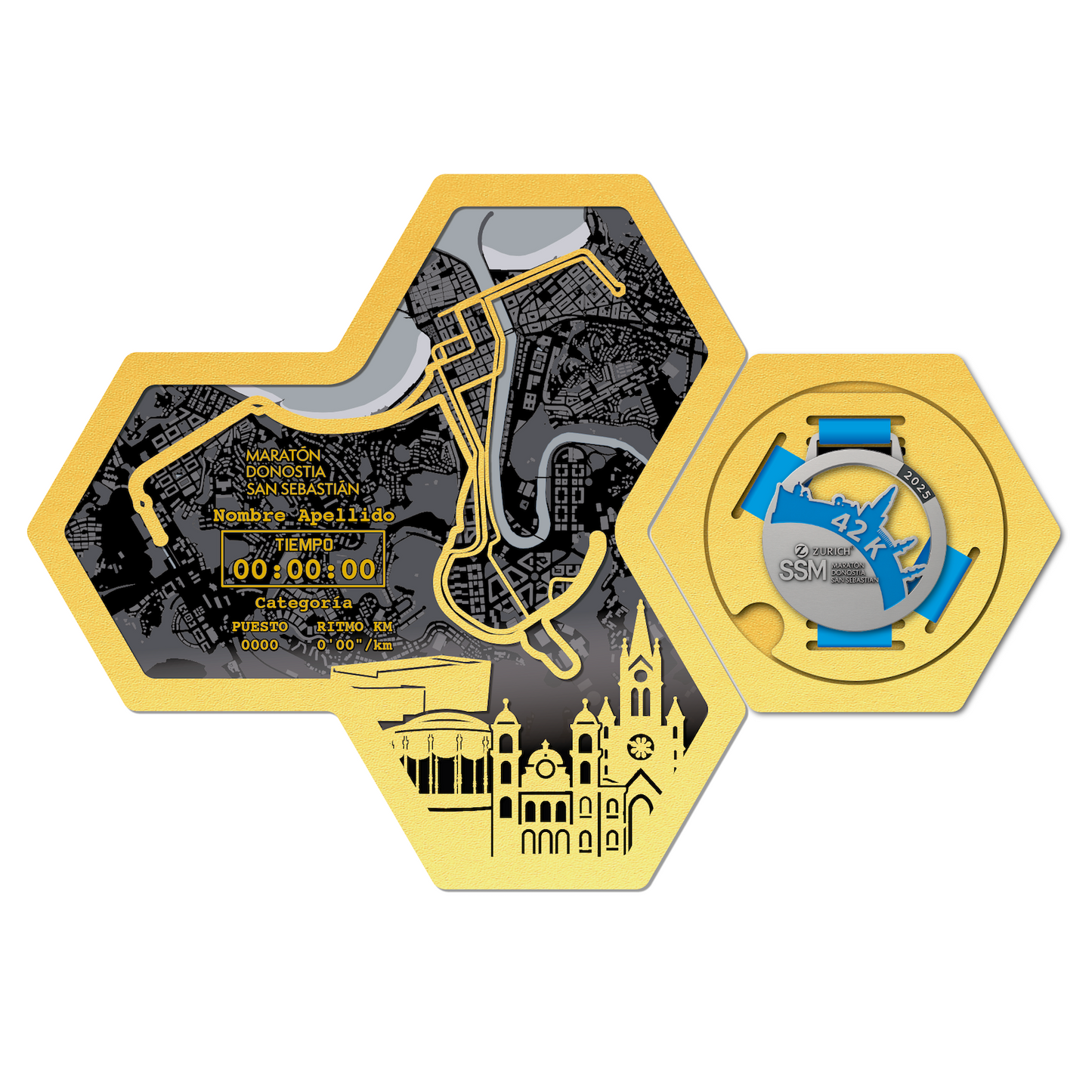 Medallero Hexagonal para exhibir tu medalla de la Maratón San Sebastián Donosti Personalizado con Nombre, dorsal, tiempos, etc.
