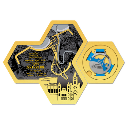 Medallero Hexagonal para exhibir tu medalla de la Maratón San Sebastián Donosti Personalizado con Nombre, dorsal, tiempos, etc.