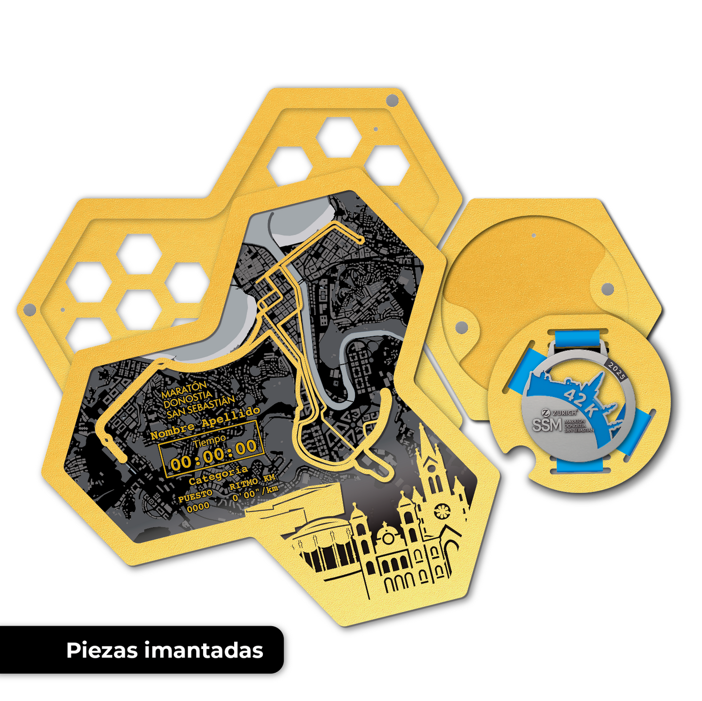 Medallero Hexagonal para exhibir tu medalla de la Maratón San Sebastián Donosti Personalizado con Nombre, dorsal, tiempos, etc.