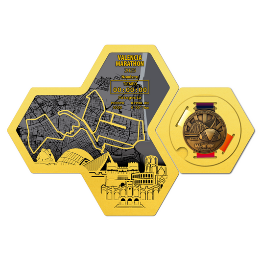 Medallero Hexagonal para exhibir tu medalla de la Marathon de Valencia Personalizado con Nombre, dorsal, tiempos, etc.