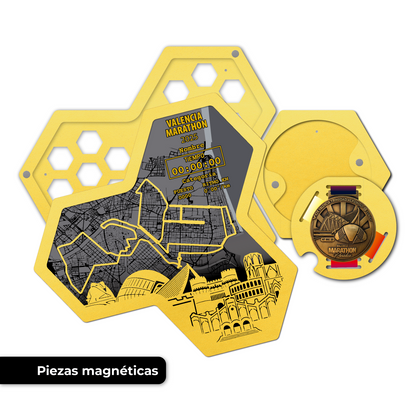 Medallero Hexagonal para exhibir tu medalla de la Marathon de Valencia Personalizado con Nombre, dorsal, tiempos, etc.