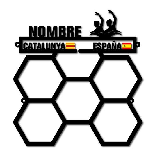 Medallero hexagonal personalizado con nombre, deporte, provincia y país en madera